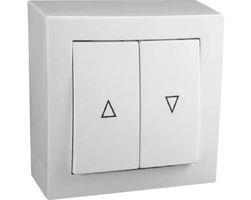 Dvojitý kolébkový spínač pro rolety, nástěnná montáž, se symboly šipek, plast bílý.
