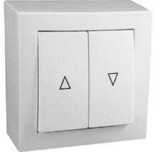 Nástěnný žaluziový spínač z bílého plastu se dvěma kolébkami a symboly šipek.