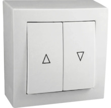 Bílý nástěnný spínač pro rolety se dvěma kolébkami a symboly šipek pro nahoru a dolů.