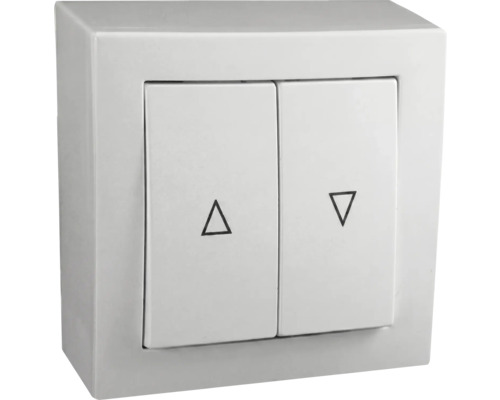 Nástěnný žaluziový spínač se dvěma kolébkami a symboly šipek.