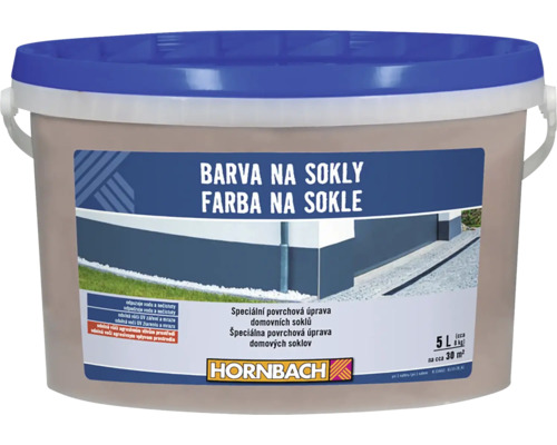 Hornbach barva na sokly v 5litrovém kbelíku na přibližně 30 metrů čtverečních, speciální povrchová úprava odpuzující vodu a nečistoty.