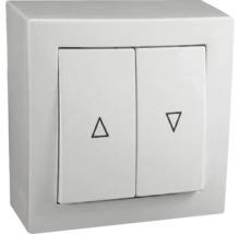 Bílý nástěnný spínač pro rolety se dvěma kolébkami a symboly šipek pro ovládání nahoru a dolů.