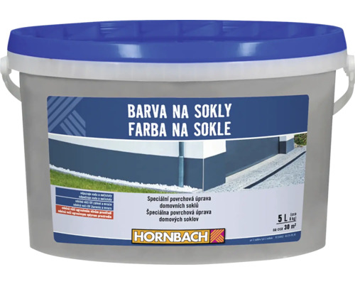 Hornbach barva na sokly pro domovní sokly v kbelíku o objemu 5 litrů na circa 30 metrů čtverečních s Hornbach Logo.