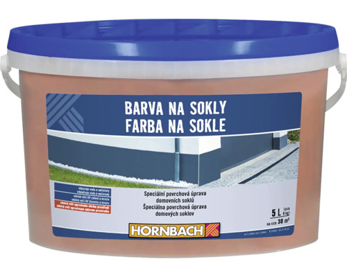 Hornbach barva na sokly 5 litrů, speciální povrchová úprava pro domovní sokly, vodoodpudivá, odolná vůči UV záření a mrazu, Hornbach Logo.