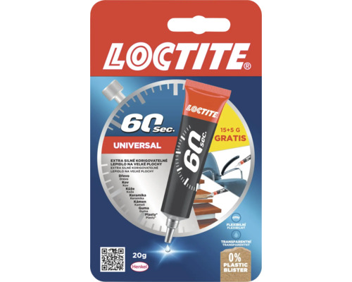 Univerzální lepidlo Loctite 60 sekund, 20 gramů, extra silné, korigovatelné, flexibilní a transparentní, na dřevo, kov a plasty.