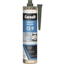 Sanitární silikon Ceresit CS 9 v kartuši s tryskou, Ceresit Logo, Henkel Logo, recyklovatelné, odolný vůči vodě a plísním.