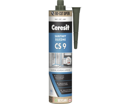 Sanitární silikon Ceresit CS 9 v kartuši s tryskou, Ceresit Logo, Henkel Logo, recyklovatelné, odolný vůči vodě a plísním.