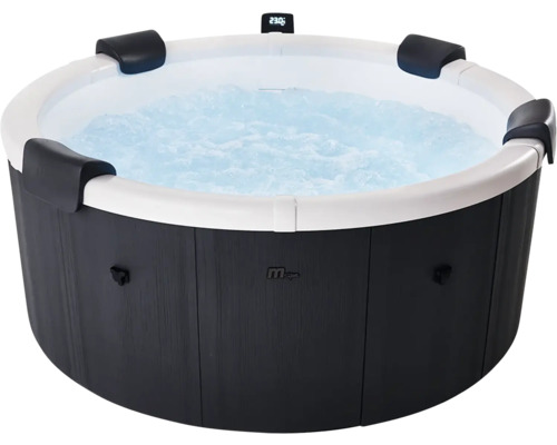 Kulatá vířivka s tmavým venkovním obložením se vzhledem dřeva, bílou vnitřní částí, čtyřmi opěrkami hlavy a bublající vodou. MSpa Logo.
