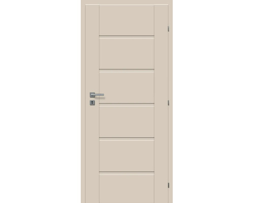Moderní interiérové dveře s pěti vodorovnými panely, klikou a panty.