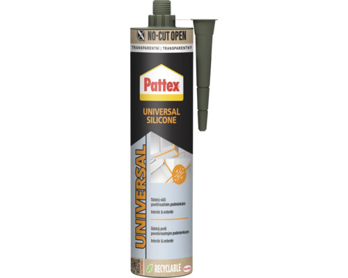 Pattex univerzální silikon transparentní, kartuše pro interiér a exteriér s tryskou.