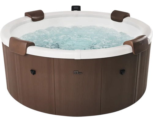 Kulatá vířivka s dřevěným dekorem, čtyřmi opěrkami hlavy, bublající vodou a MSpa Logo.