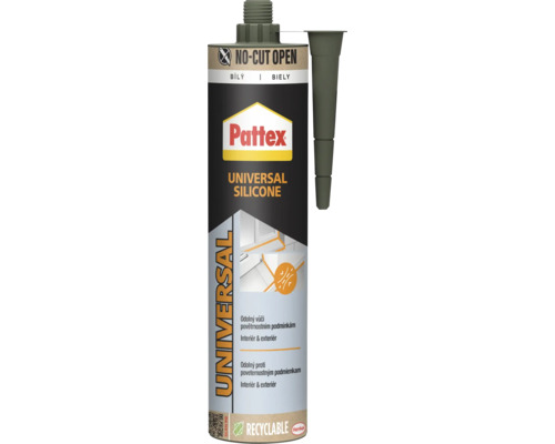 Pattex univerzální silikon bílý v kartuši s tryskou pro vnitřní i venkovní použití, odolný vůči povětrnostním podmínkám.