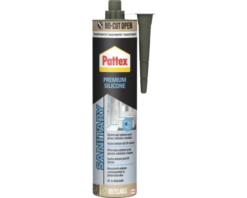 Pattex Premium Silikon Sanitární transparentní, kartuše s tryskou, odolný proti plísním a ultravioletovému záření.