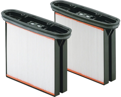 Dva obdélníkové lamelové filtry s černým plastovým rámem a bílým filtračním materiálem pro vysavače nebo ventilační systémy.