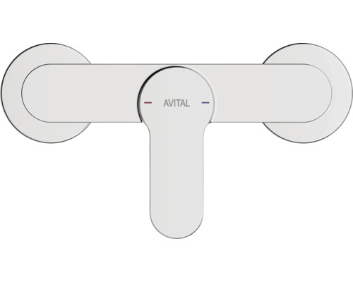 Páková baterie AVITAL pro sprchu nebo vanu s kulatými nástěnnými krytkami a označením pro teplou a studenou vodu. AVITAL Logo.