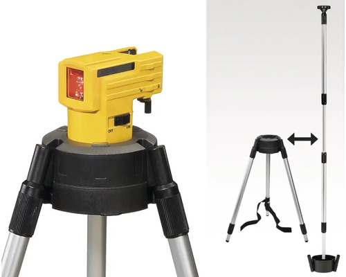 Křížový laser na stativu s teleskopickou tyčí a přídavnou trojnožkou pro flexibilní nastavení výšky.