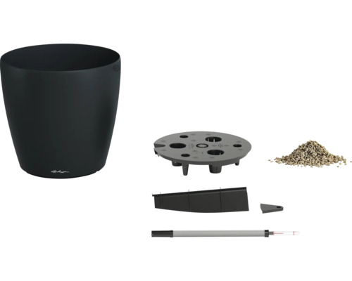 Černý kulatý květináč Lechuza se samozavlažovacím systémem, včetně dělícího dna, ukazatele hladiny vody a substrátu.