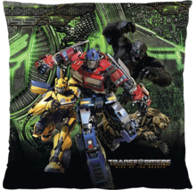 Dekorační polštář s motivem Transformers Rise of the Beasts, zobrazující postavy Optimus Prime, Bumblebee, Optimus Primal a Cheetor.
