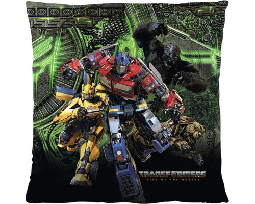 Dekorační polštář s motivem Transformers Rise of the Beasts, zobrazující postavy Optimus Prime, Bumblebee, Optimus Primal a Cheetor.