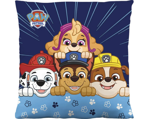 Čtvercový dekorační polštář s Paw Patrol Logo a postavami Skye, Marshall, Chase a Rubble.