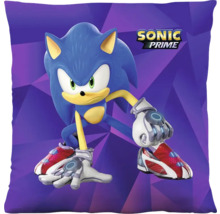 Čtvercový dekorativní polštář Sonic Prime s motivem Sonika v akční póze a Sonic Prime Logo.