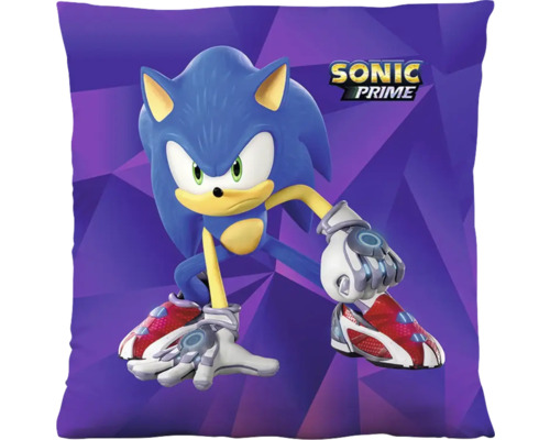 Čtvercový dekorativní polštář Sonic Prime s motivem Sonika v akční póze a Sonic Prime Logo.