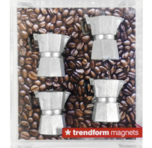 Sada magnetů Trendform se čtyřmi malými stříbrnými moka konvičkami, Trendform Logo.