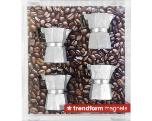 Sada magnetů Trendform se čtyřmi malými stříbrnými moka konvičkami, Trendform Logo.