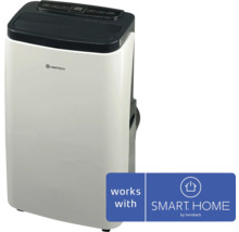 Mobilní klimatizace s Hantech Logo, ovládacím panelem a Smart Home by Hornbach Logo potvrzujícím kompatibilitu.