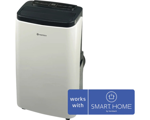 Mobilní klimatizace s Hantech Logo, ovládacím panelem a Smart Home by Hornbach Logo potvrzujícím kompatibilitu.