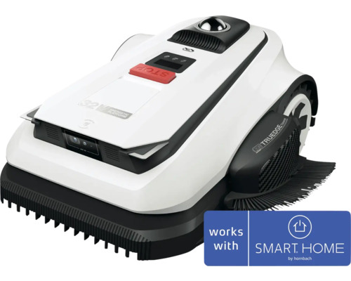 Bílá robotická sekačka se senzory, červeným tlačítkem stop a funkcí zastřihování okrajů. Kompatibilní se SMART HOME by hornbach.