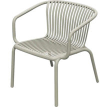 Moderní zahradní židle s područkami, ergonomicky tvarovaný sedák a opěradlo z vertikálních lamel.