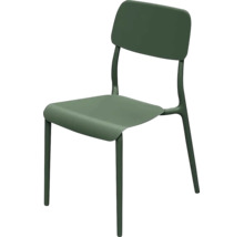 Zelená kovová židle s oblým opěradlem a sedákem v jednoduchém designu.