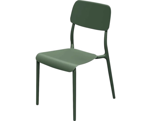 Zelená kovová židle s oblým opěradlem a sedákem v jednoduchém designu.