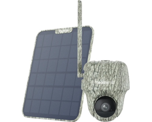 Bezpečnostní kamera Reolink 4K se solárním panelem s maskovacím vzorem pro venkovní použití.