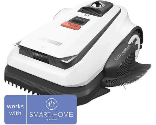 Robotická sekačka v bílé a šedé barvě se senzory, tlačítkem stop a SMART HOME by hornbach Logo.