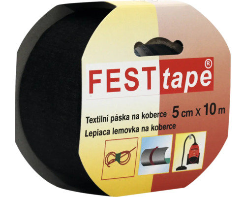 Černá textilní páska na koberce FEST tape, šířka 5 centimetrů a délka 10 metrů.