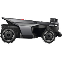 Robotická sekačka Segway Navimow v bočním pohledu s terénními koly a moderním šedým krytem.
