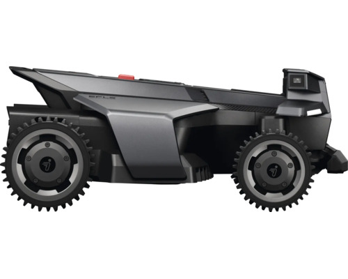 Robotická sekačka Segway Navimow v bočním pohledu s terénními koly a moderním šedým krytem.