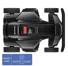Robotická sekačka Segway Navimow pohled shora s ovládacím panelem, tlačítkem stop a profilovanými kolečky, kompatibilní se Smart Home by hornbach.