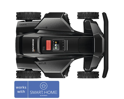 Robotická sekačka Segway Navimow pohled shora s ovládacím panelem, tlačítkem stop a profilovanými kolečky, kompatibilní se Smart Home by hornbach.