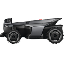 Robotická sekačka Segway Navimow v černé a šedé barvě s profilovými koly, boční pohled.