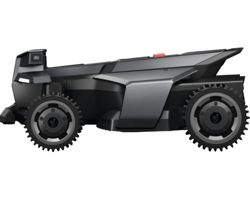 Robotická sekačka Segway Navimow v černé a šedé barvě s profilovými koly, boční pohled.