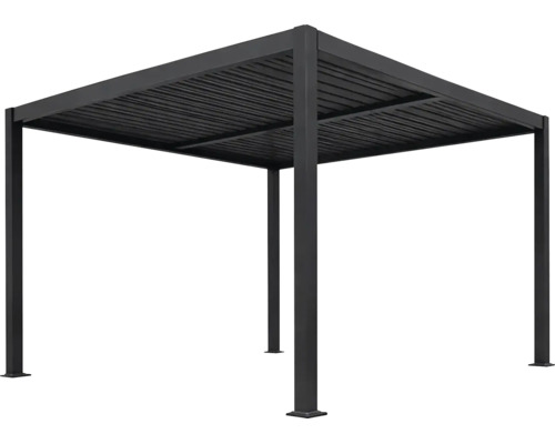 Volně stojící hliníková pergola s nastavitelnou lamelovou střechou v antracitové barvě.