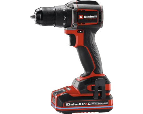 Červený a černý akumulátorový vrtací šroubovák Einhell Professional s bezuhlíkovým motorem a akumulátorem Power X-Change.