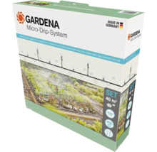 Sada kapkové závlahy Gardena Micro-Drip-System pro zeleninové a květinové záhony do 40 metrů čtverečních, vyrobeno v Německu. Gardena Logo.