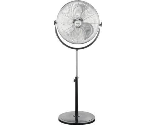 Stojanový ventilátor Rohnson z kovu s výškově nastavitelným stojanem a kulatou základnou.