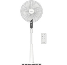 Bílý stojanový ventilátor Rohnson DualBreeze s dvojitými lopatkami, digitálním displejem a dálkovým ovládáním.