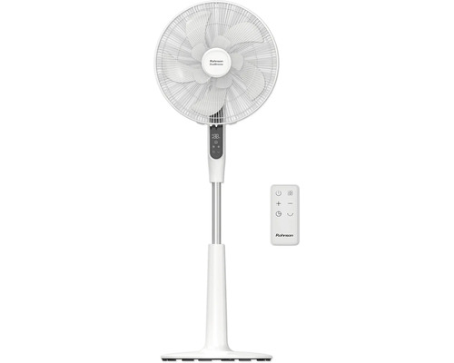 Bílý stojanový ventilátor Rohnson DualBreeze s dvojitými lopatkami, digitálním displejem a dálkovým ovládáním.