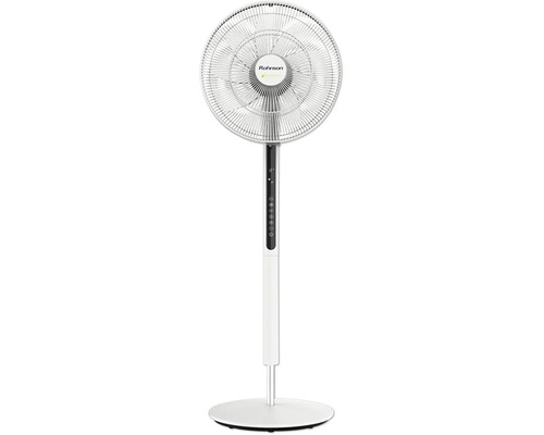Stojanový ventilátor Rohnson s digitálním displejem, bílým tělem a kulatou základnou.